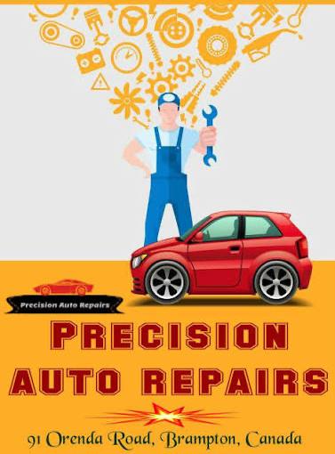 Precision Auto Repairs poster showing a mechanic with a wrench beside a red car, 91 Orenda Road, Brampton